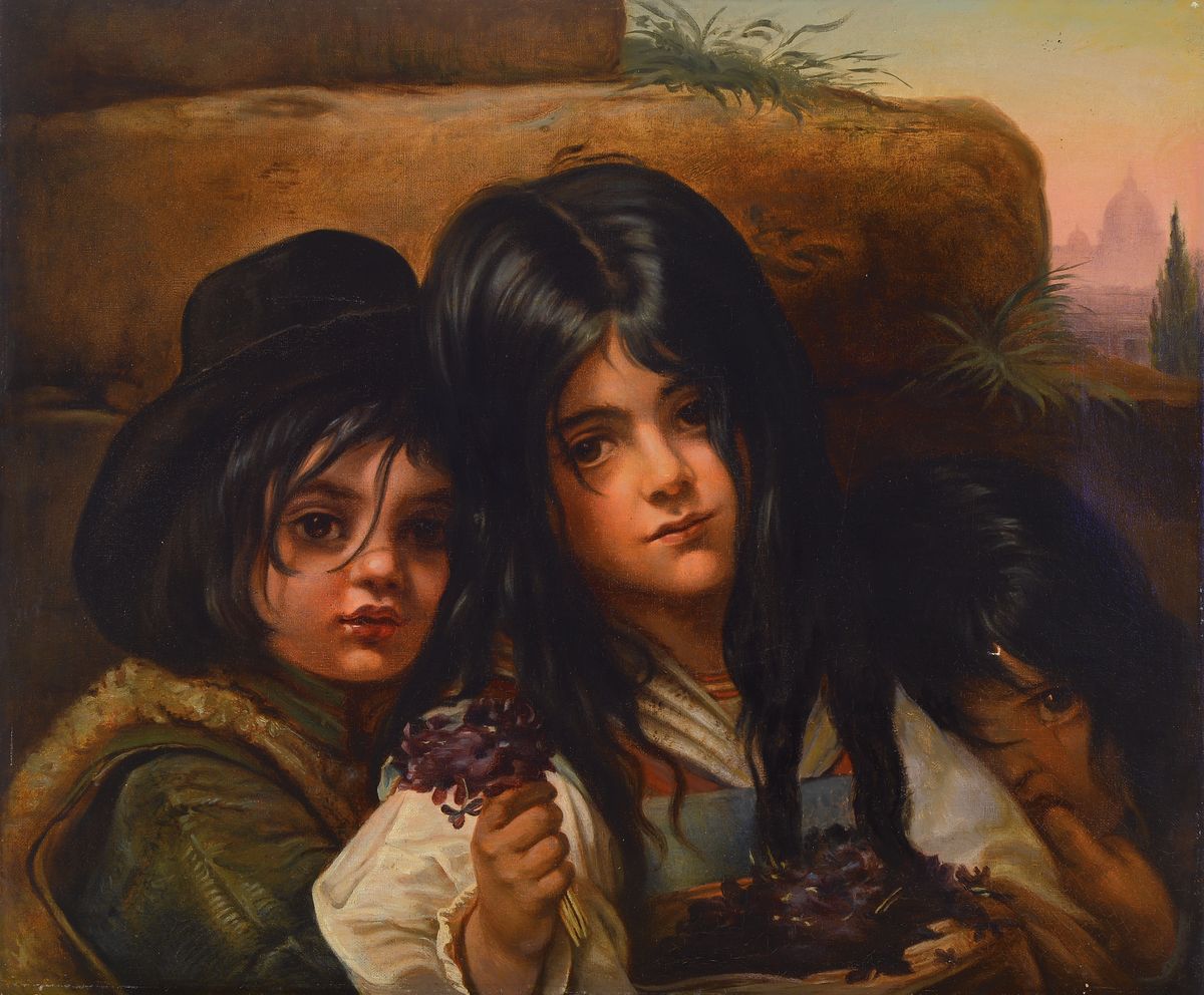 Unbekannter Künstler, um 1900, drei Kinder, das älteste Mädchen verkauft Veilchen, Öl/Lwd, rest., ca. 50x60cm, qualitätvolle lasierende Malerei, ...