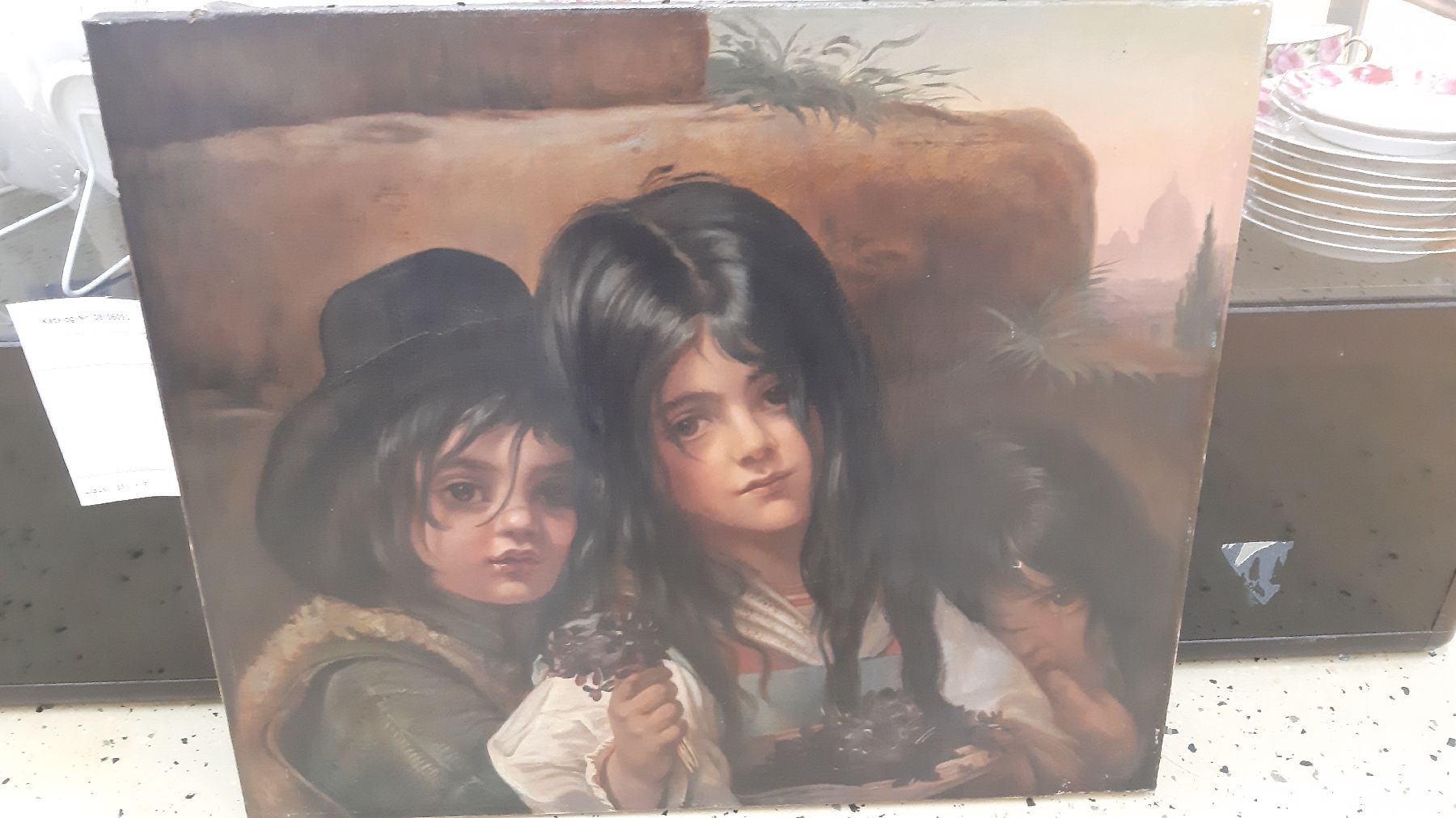 Detail d: Unbekannter Künstler, um 1900, drei Kinder, das älteste Mädchen verkauft Veilchen, Öl/Lwd, rest., ca. 50x60cm, qualitätvolle lasierende Malerei, ...