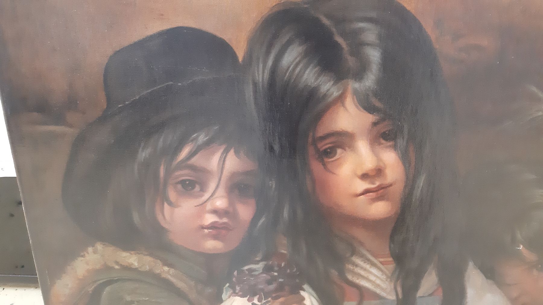 Detail e: Unbekannter Künstler, um 1900, drei Kinder, das älteste Mädchen verkauft Veilchen, Öl/Lwd, rest., ca. 50x60cm, qualitätvolle lasierende Malerei, ...