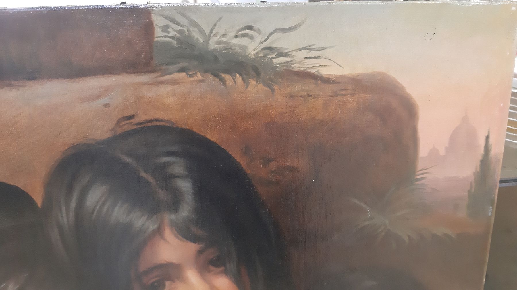 Detail f: Unbekannter Künstler, um 1900, drei Kinder, das älteste Mädchen verkauft Veilchen, Öl/Lwd, rest., ca. 50x60cm, qualitätvolle lasierende Malerei, ...