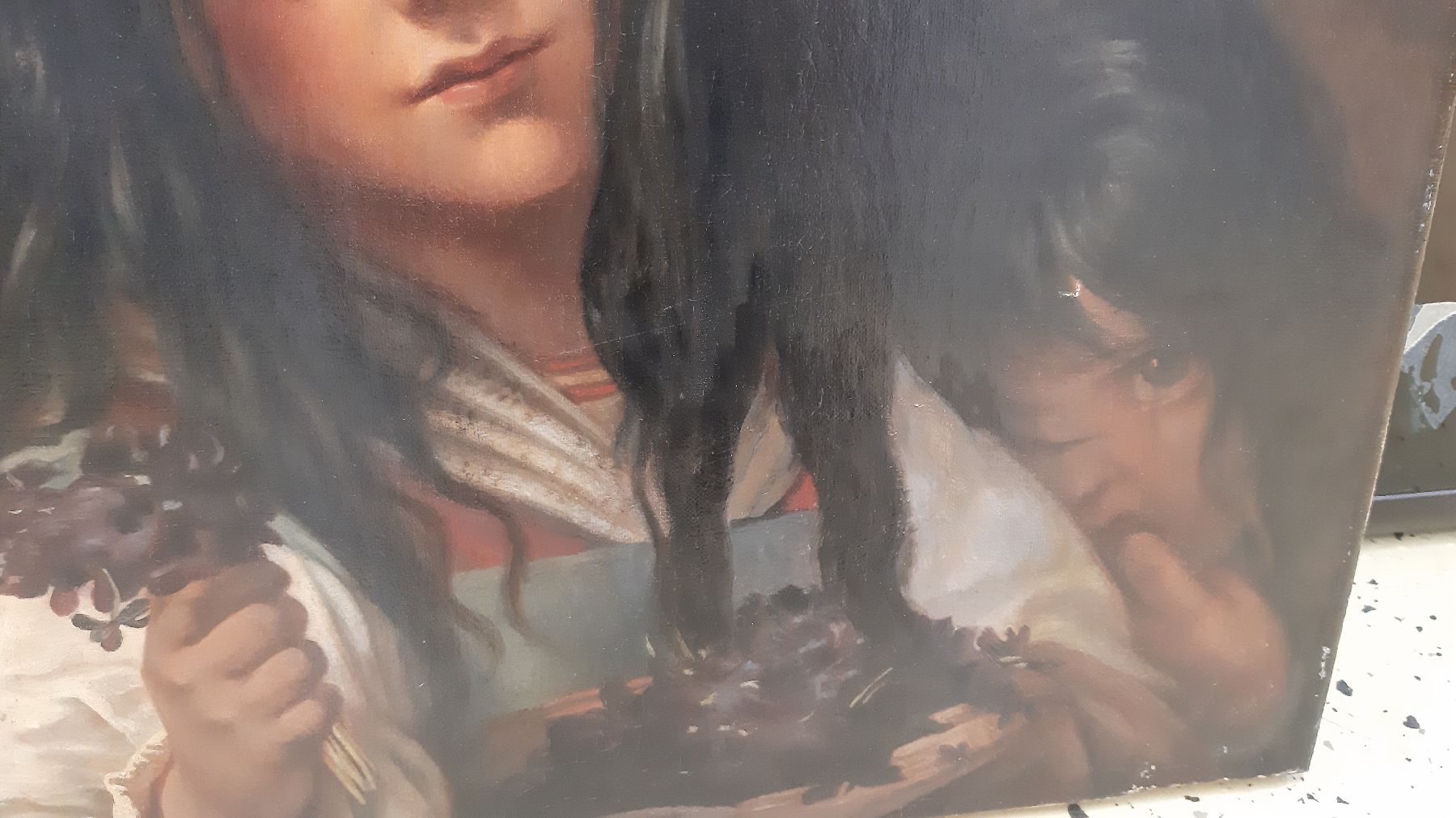 Detail g: Unbekannter Künstler, um 1900, drei Kinder, das älteste Mädchen verkauft Veilchen, Öl/Lwd, rest., ca. 50x60cm, qualitätvolle lasierende Malerei, ...