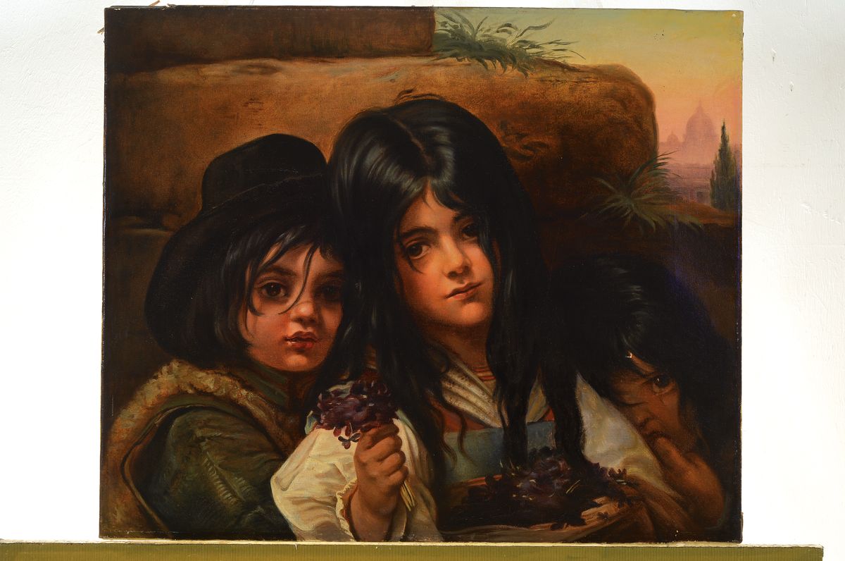 Detail k: Unbekannter Künstler, um 1900, drei Kinder, das älteste Mädchen verkauft Veilchen, Öl/Lwd, rest., ca. 50x60cm, qualitätvolle lasierende Malerei, ...