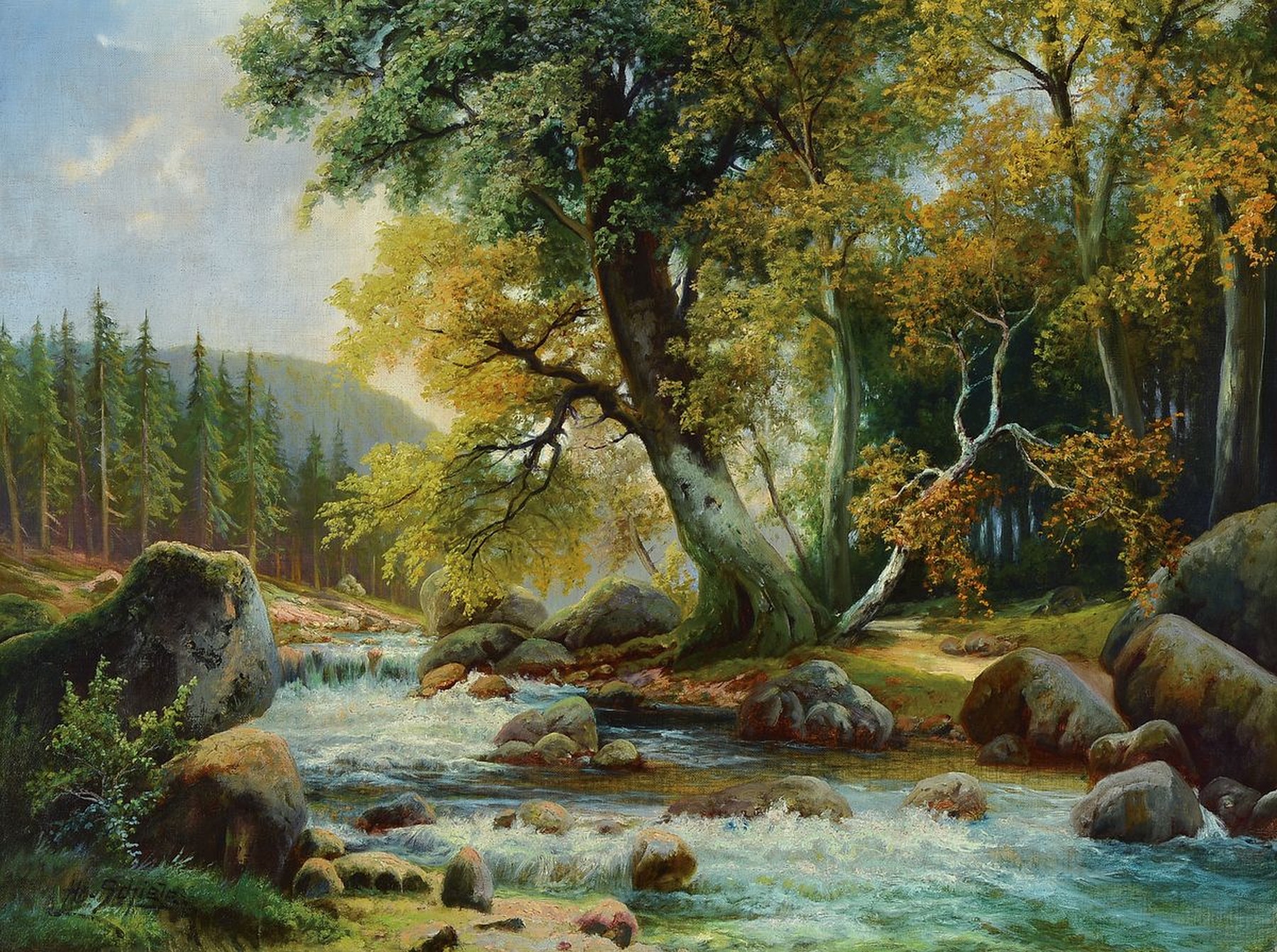 Prof. H.O. Schiele, Dresdener Schule, Anfang 20. Jh., Baum bestandener Wildbach, Öl/Lwd, links unten signiert, naturalistische Malerei mit ...