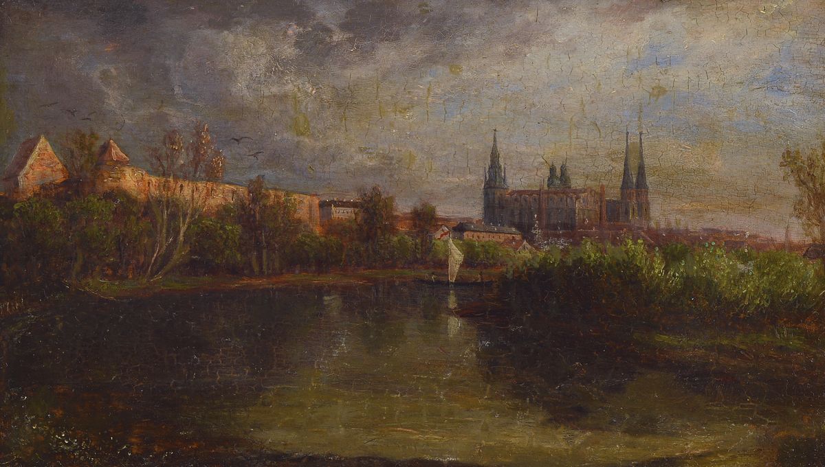Arthur Boltze, geb. 1932, Traditionalist, Ansicht von Halle, feine lasierende Malerei in Öl auf Holz, rückseitig signiert, ca. 12x21cm, R. ca. ...