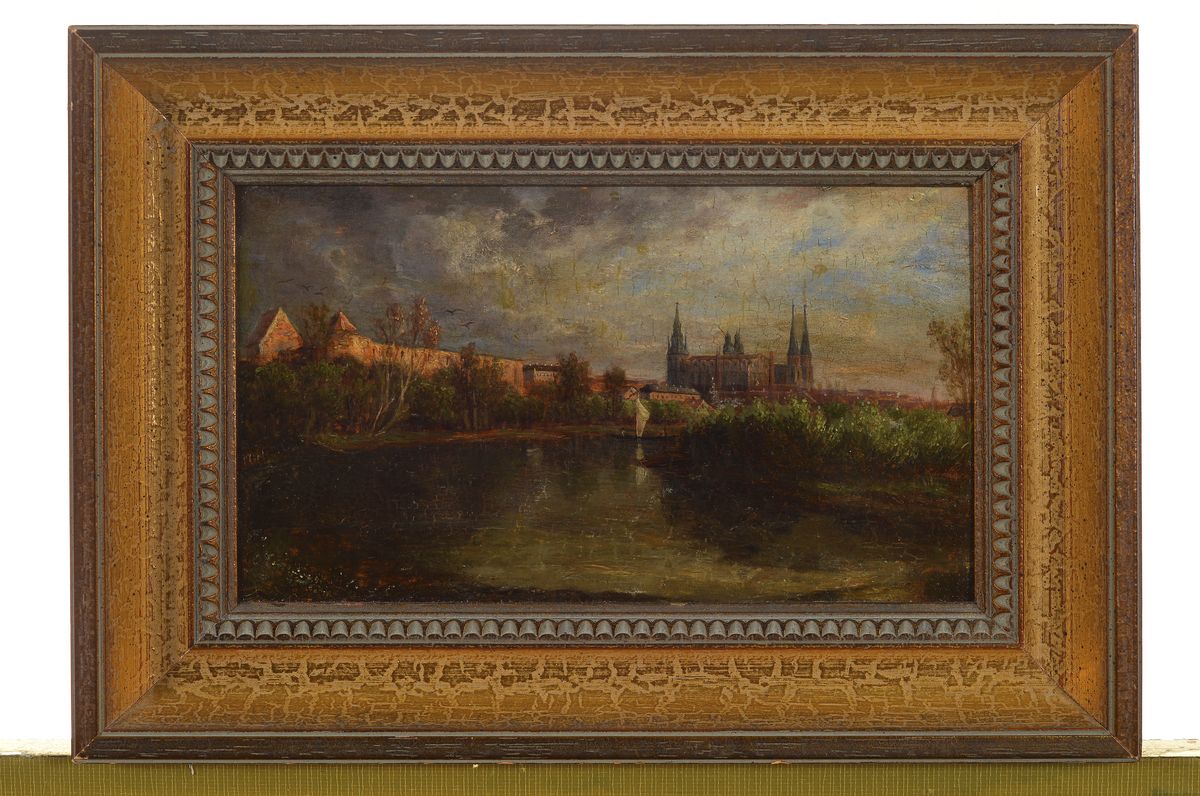 Detail k: Arthur Boltze, geb. 1932, Traditionalist, Ansicht von Halle, feine lasierende Malerei in Öl auf Holz, rückseitig signiert, ca. 12x21cm, R. ca. ...