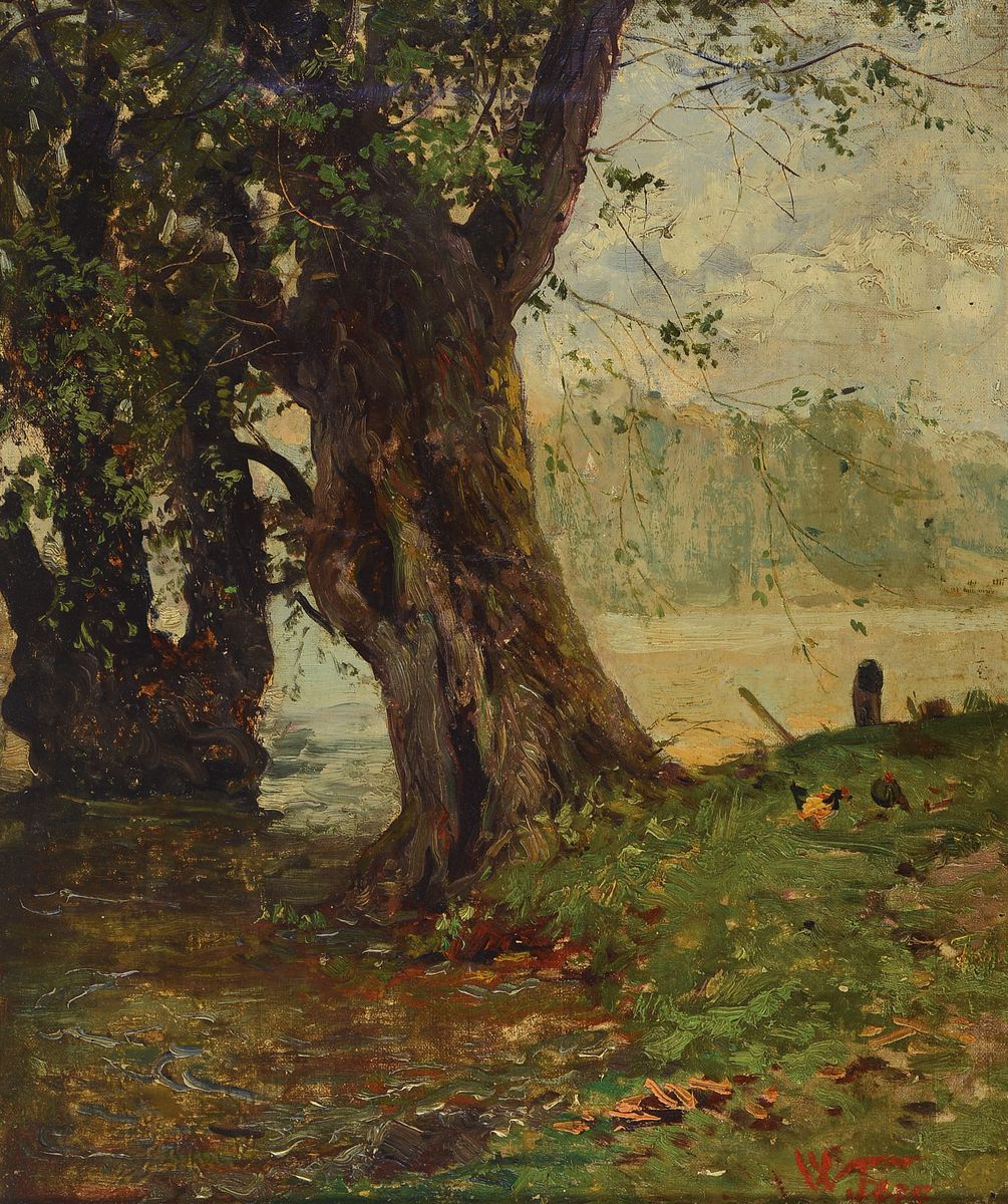 Unleserlich signiert, um 1900, Uferlandschaft mit knorrigen Bäumen, Öl/Lwd, rest., links unten signiert W. Fees o.ä., ca. 40x34cm, R. ca. 48x42cm