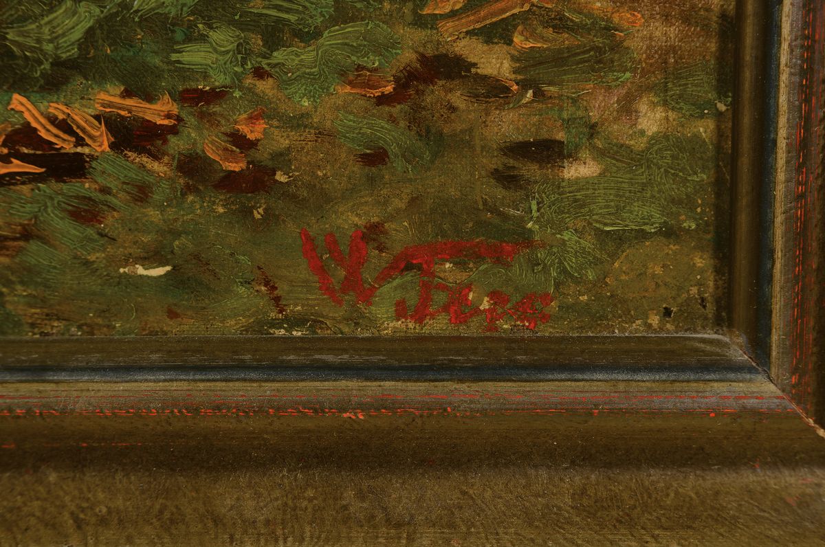 Detail a: Unleserlich signiert, um 1900, Uferlandschaft mit knorrigen Bäumen, Öl/Lwd, rest., links unten signiert W. Fees o.ä., ca. 40x34cm, R. ca. 48x42cm