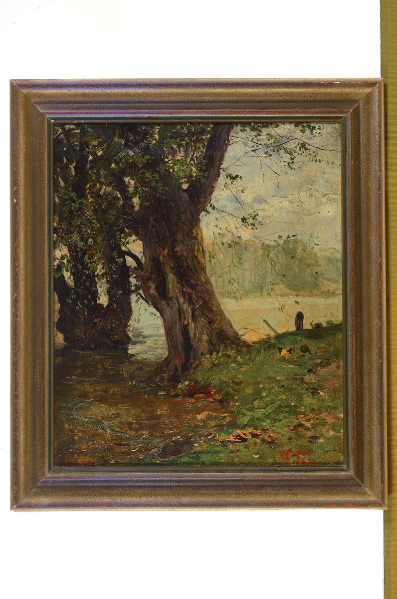 Detail k: Unleserlich signiert, um 1900, Uferlandschaft mit knorrigen Bäumen, Öl/Lwd, rest., links unten signiert W. Fees o.ä., ca. 40x34cm, R. ca. 48x42cm