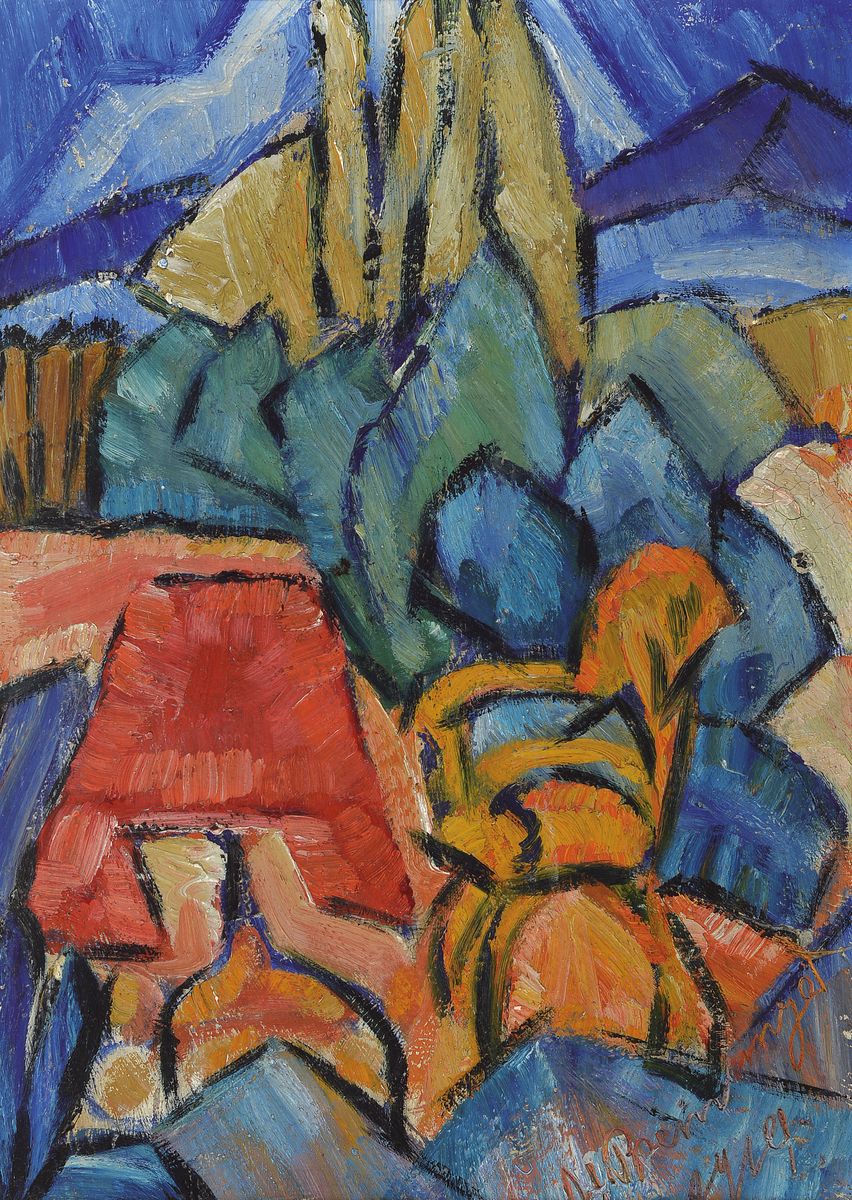 Hans Breinlinger, 1888-1963 Konstanz, Landschaft mit rotem Tisch, Öl/Malkarton, rechts unten signiert, ca. 44x32cm, R. ca. 48x36cm