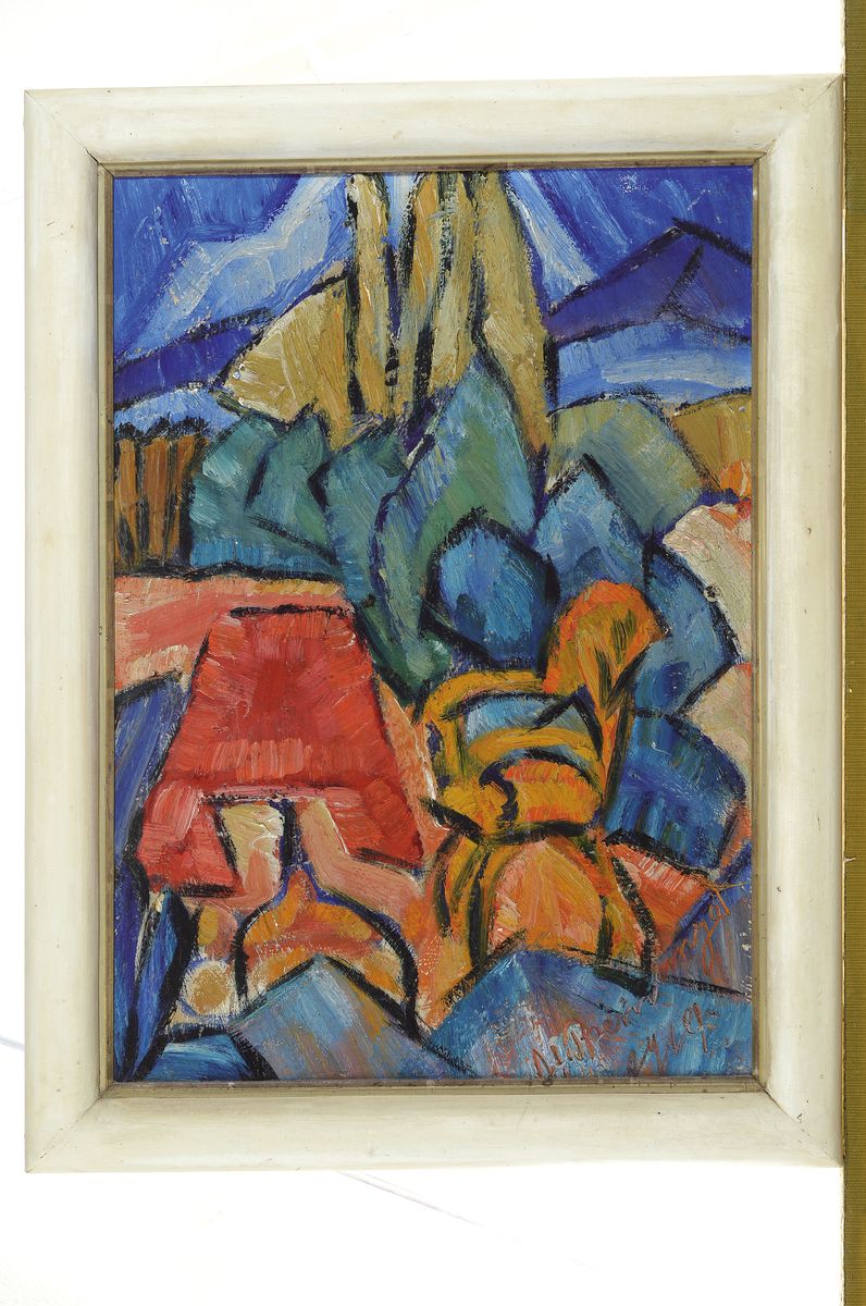 Detail k: Hans Breinlinger, 1888-1963 Konstanz, Landschaft mit rotem Tisch, Öl/Malkarton, rechts unten signiert, ca. 44x32cm, R. ca. 48x36cm