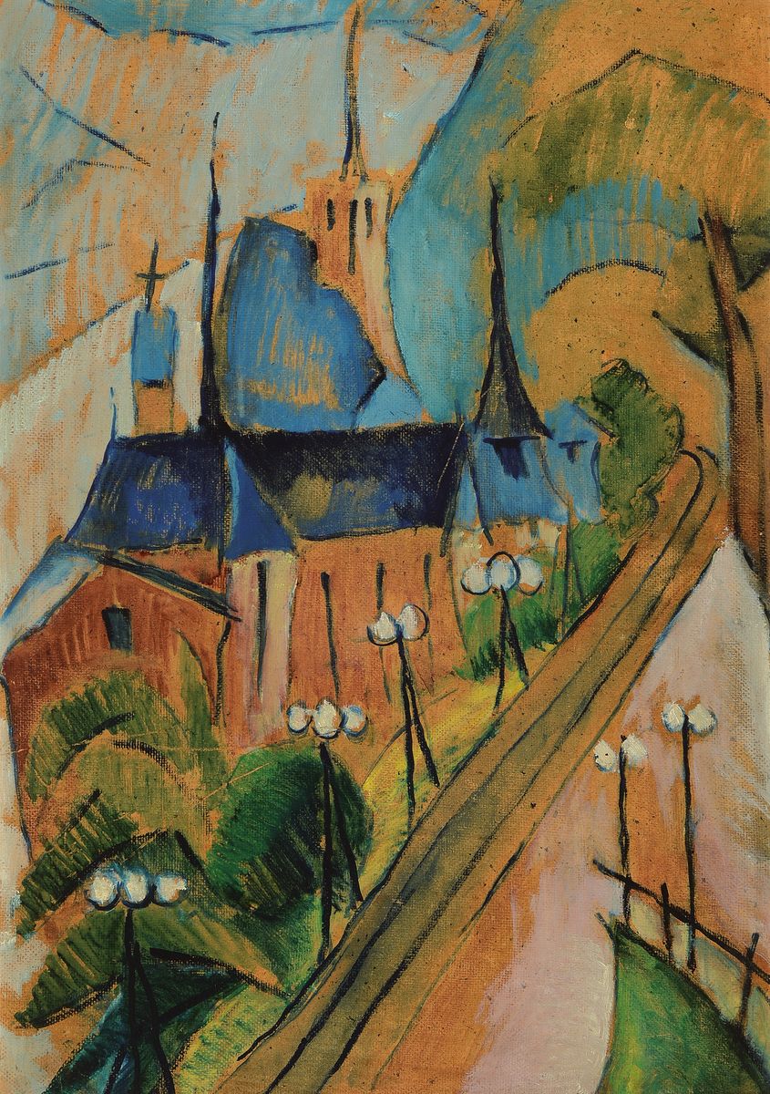 Hans Breinlinger, 1888-1963 Konstanz, Blick auf eine Kirche am Straßenrand, Öl/ Hartfaser, unsigniert, ca. 72x50cm, R. ca. 81x59cm