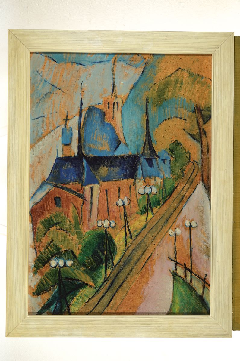 Detail k: Hans Breinlinger, 1888-1963 Konstanz, Blick auf eine Kirche am Straßenrand, Öl/ Hartfaser, unsigniert, ca. 72x50cm, R. ca. 81x59cm