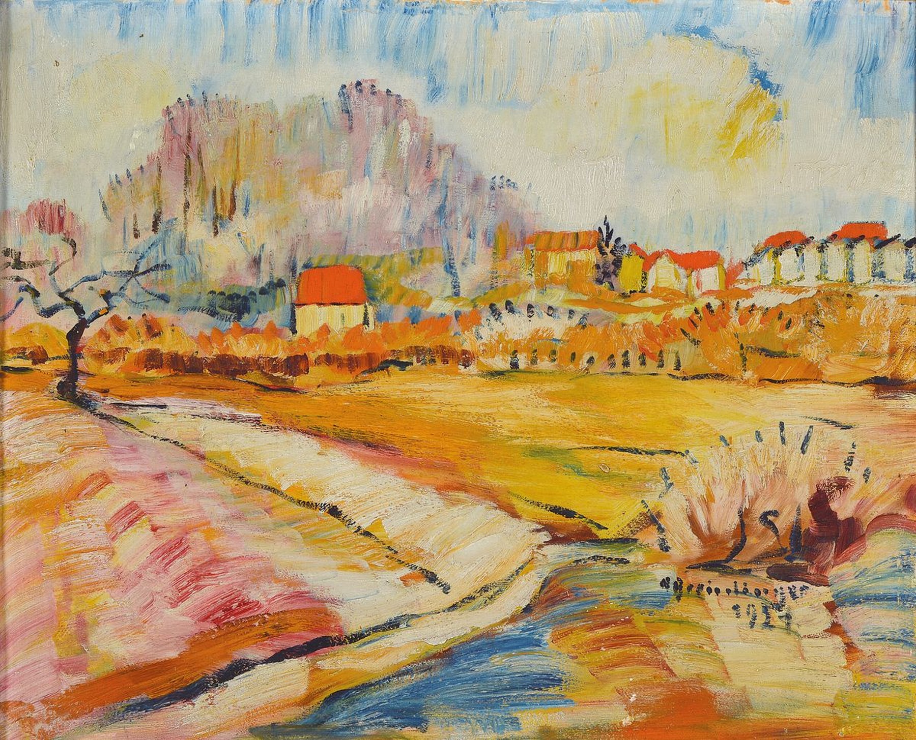 Hans Breinlinger, 1888-1963 Konstanz, Blick über Felder auf ein Dorf, Öl/Malkarton, rechts unten signiert und dat. 1921, ca. 50x60cm, R. ca. 54x64cm