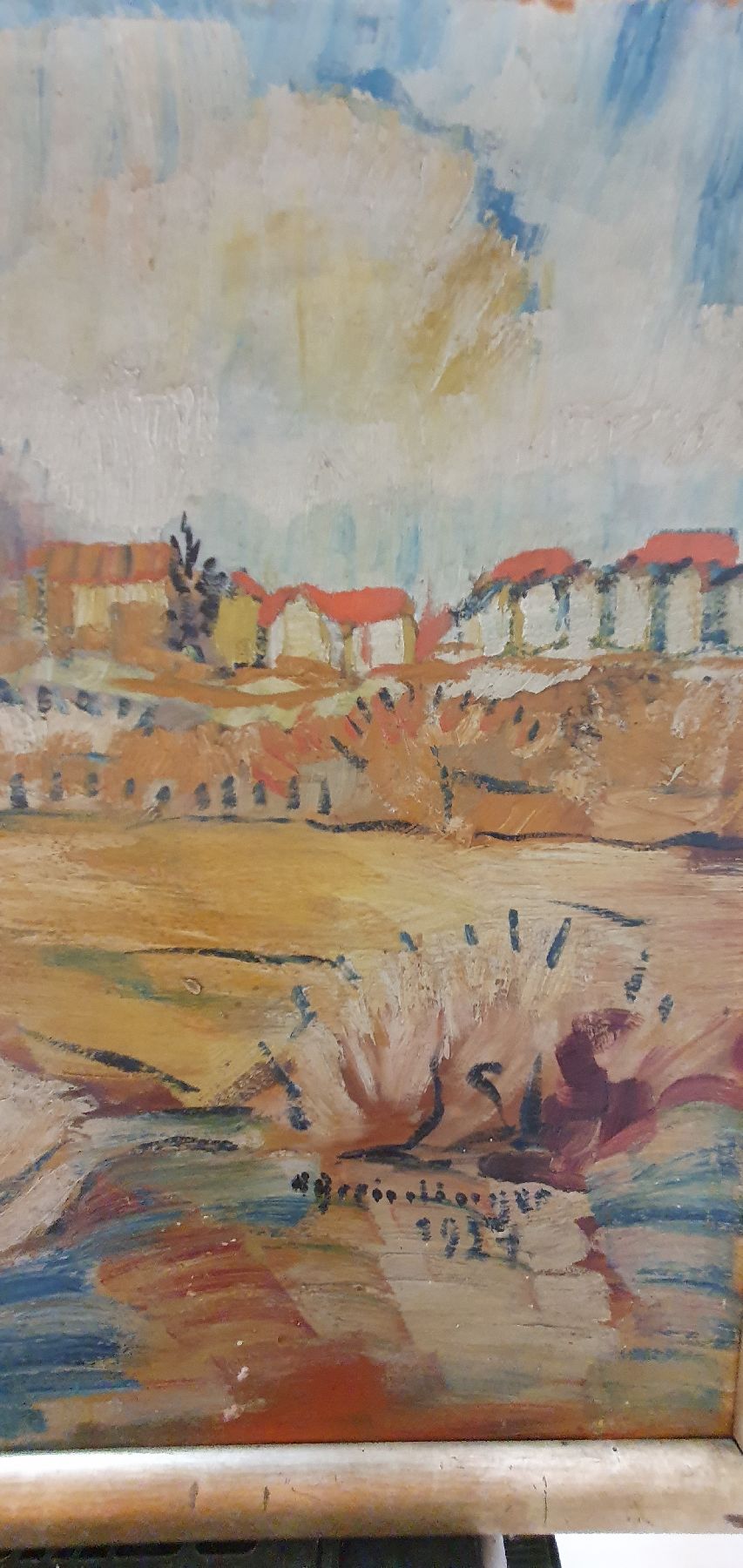 Detail c: Hans Breinlinger, 1888-1963 Konstanz, Blick über Felder auf ein Dorf, Öl/Malkarton, rechts unten signiert und dat. 1921, ca. 50x60cm, R. ca. 54x64cm
