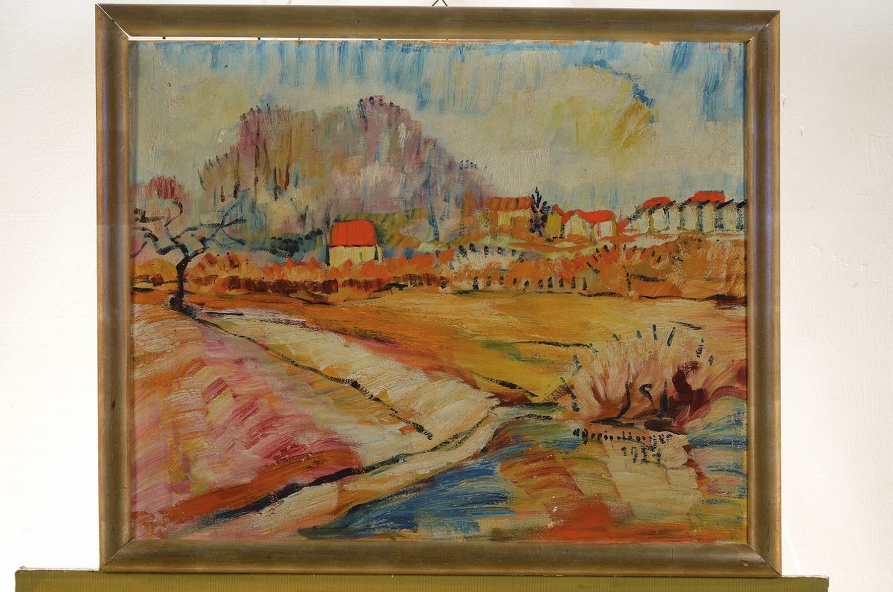 Detail k: Hans Breinlinger, 1888-1963 Konstanz, Blick über Felder auf ein Dorf, Öl/Malkarton, rechts unten signiert und dat. 1921, ca. 50x60cm, R. ca. 54x64cm