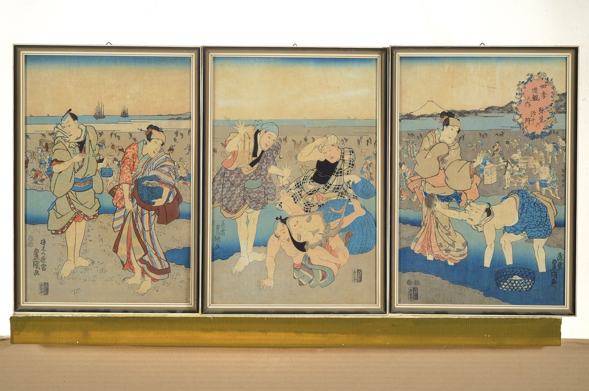 Detail k: 3 japanische Farbholzschnitte, Kunisada, um 1860, Szenen mit Muschelsammlern und Fischer, je ca. 35x23cm, u.Gl., R.