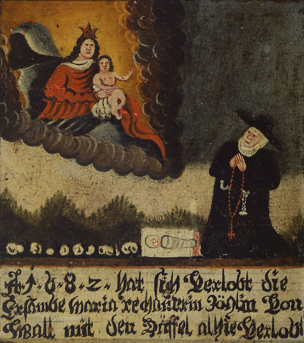 Votivbild, süddeutsch, um 1830-40, Mutter Gottes mit dem Jesuskind in den Wolken, Inschrift, gefertigt anläßlich einer Verlobung, Öl/Holz, ca. ...