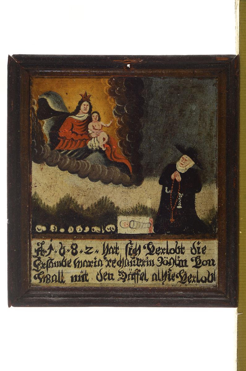 Detail k: Votivbild, süddeutsch, um 1830-40, Mutter Gottes mit dem Jesuskind in den Wolken, Inschrift, gefertigt anläßlich einer Verlobung, Öl/Holz, ca. ...