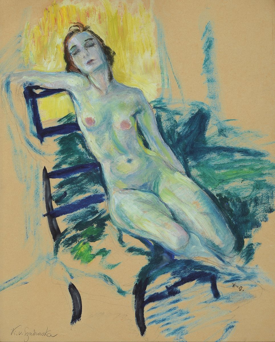 Kasia von Szadurska, 1876 Moskau-1942 Berlin, 2 Arbeiten: Akt, Gouache über Bleistift auf Papier, links unten signiert, ca. 35x28cm, u.Gl., R.; ...