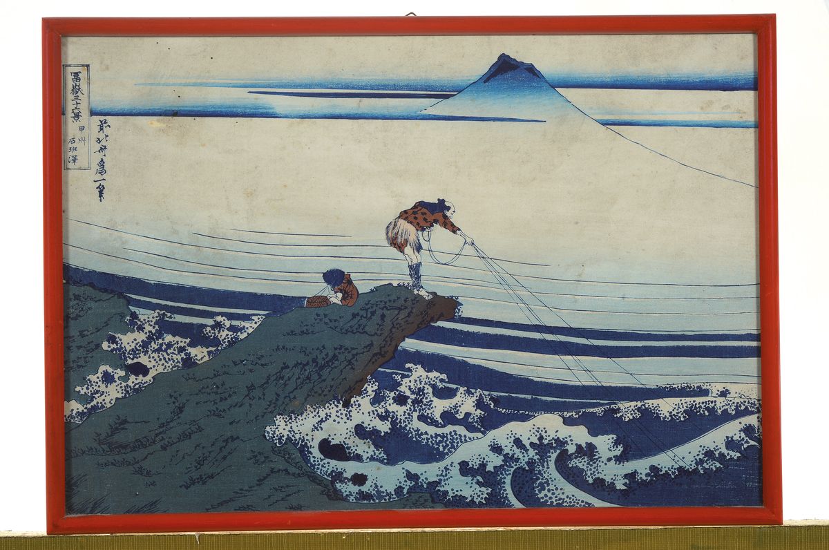 Detail k: Japanischer Farbholzschnitt Ukiyo-e, um 1900, in der Nachfolge Hiroshige, Fischer auf einer Felsspitze am Meer, ca. 25x36cm, u.Gl., R.