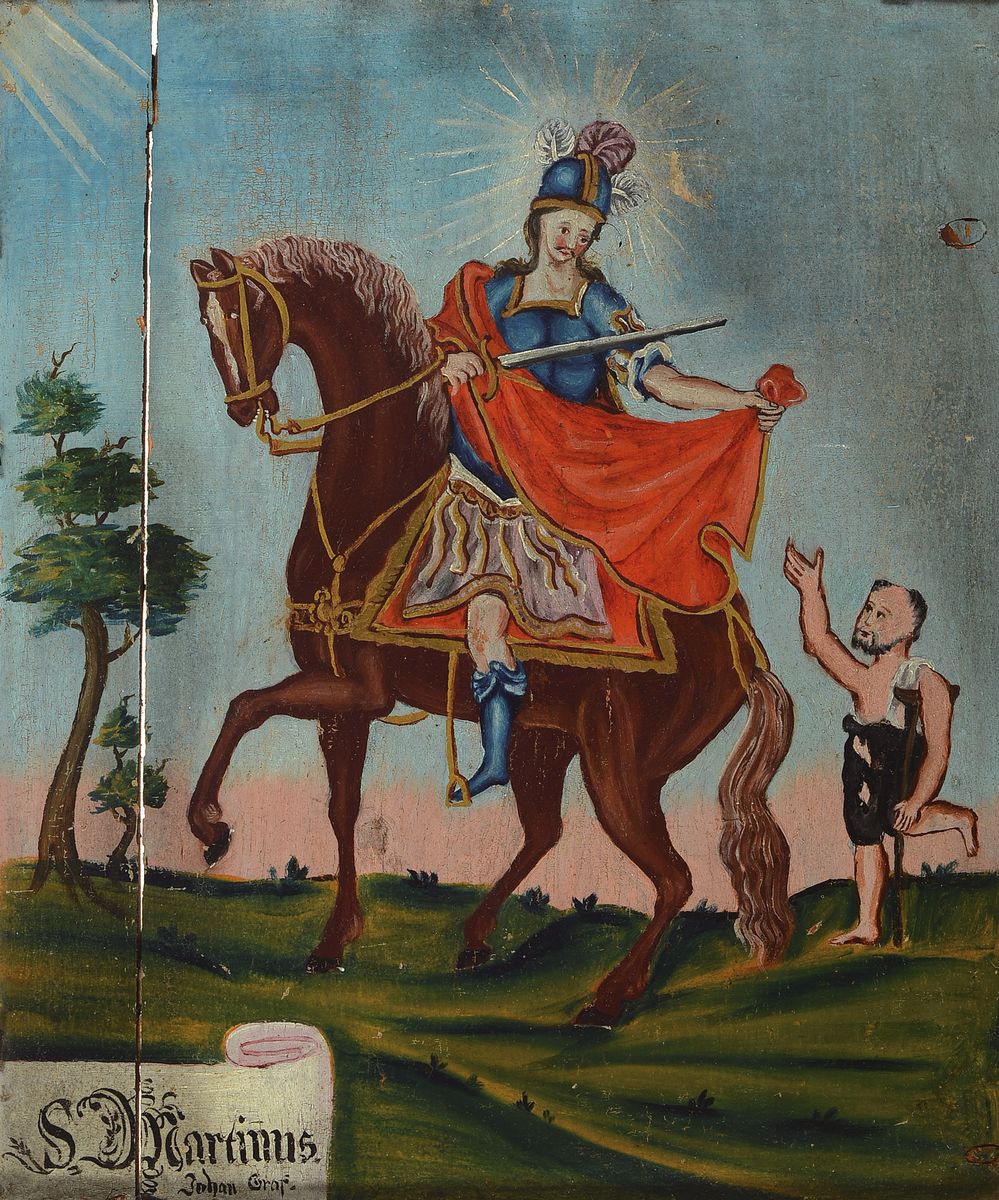 Votivbild, süddeutsch, um 1830-1860, Der Hl. Martin teilt seinen Mantel, Öl/Holz, durchgehender Längsriß links, Öl/Holz, ca. 44x38cm