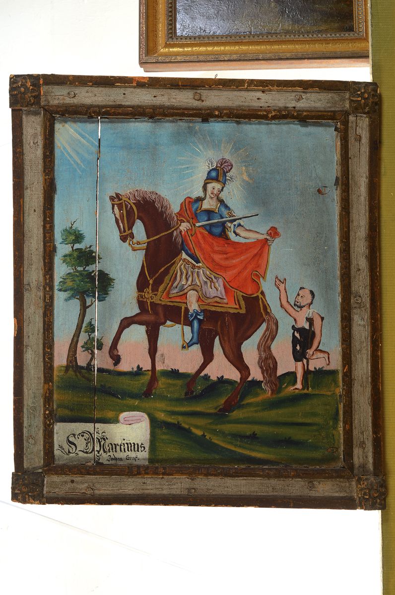 Detail k: Votivbild, süddeutsch, um 1830-1860, Der Hl. Martin teilt seinen Mantel, Öl/Holz, durchgehender Längsriß links, Öl/Holz, ca. 44x38cm