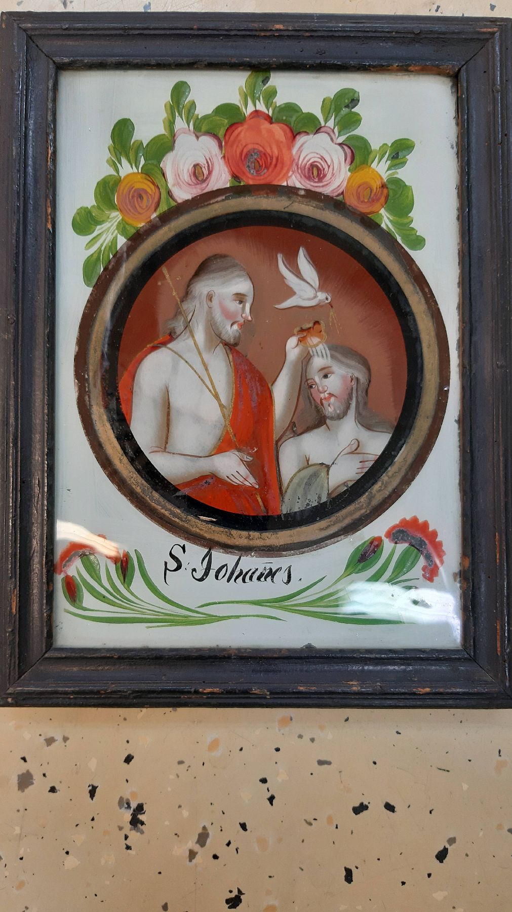Detail b: 6 Votivbilder, Rumänien, Ende 19. Jh., Hinterglasmalereien, Pieta, Hl. Florian, Christus mit Dornenkrone, Johannes der Täufer, Mutter Gottes mit ...