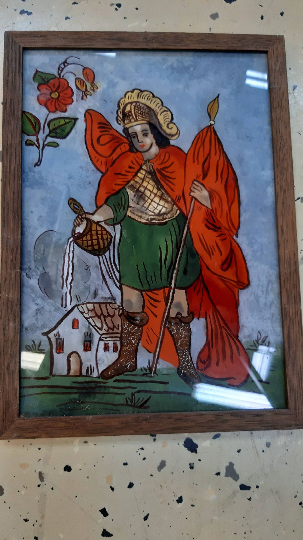 Detail d: 6 Votivbilder, Rumänien, Ende 19. Jh., Hinterglasmalereien, Pieta, Hl. Florian, Christus mit Dornenkrone, Johannes der Täufer, Mutter Gottes mit ...