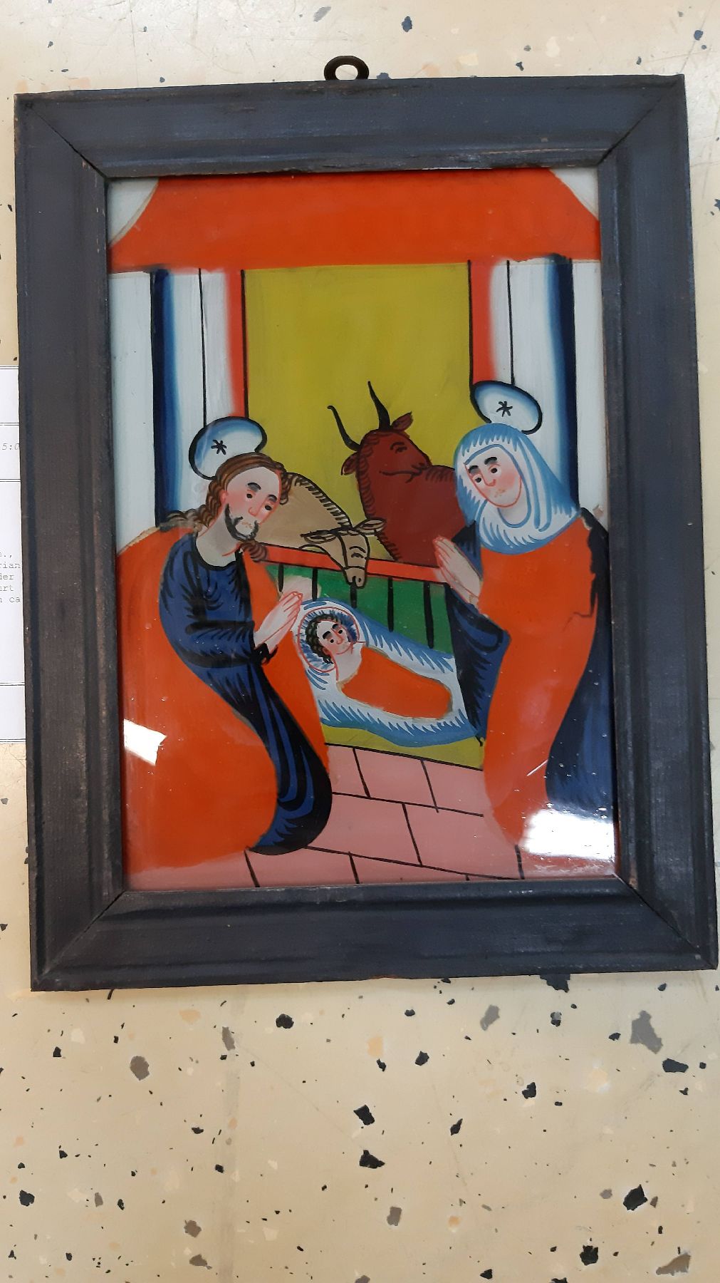 Detail k: 6 Votivbilder, Rumänien, Ende 19. Jh., Hinterglasmalereien, Pieta, Hl. Florian, Christus mit Dornenkrone, Johannes der Täufer, Mutter Gottes mit ...
