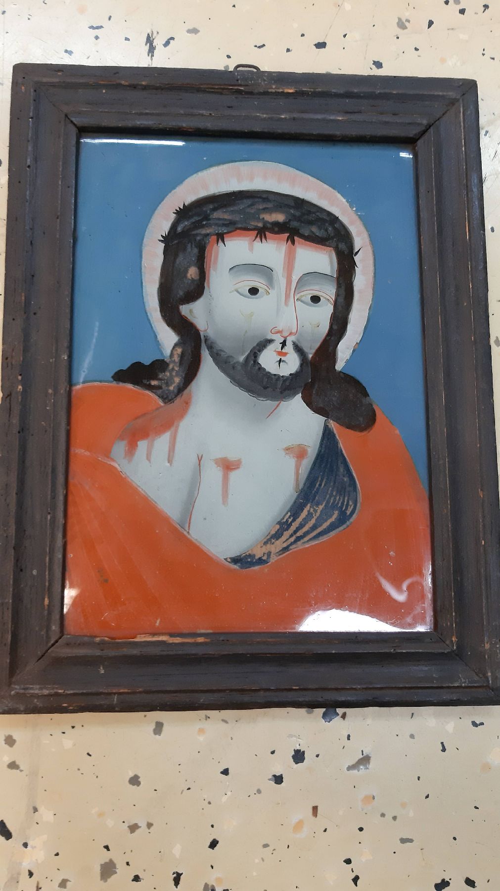 Detail m: 6 Votivbilder, Rumänien, Ende 19. Jh., Hinterglasmalereien, Pieta, Hl. Florian, Christus mit Dornenkrone, Johannes der Täufer, Mutter Gottes mit ...