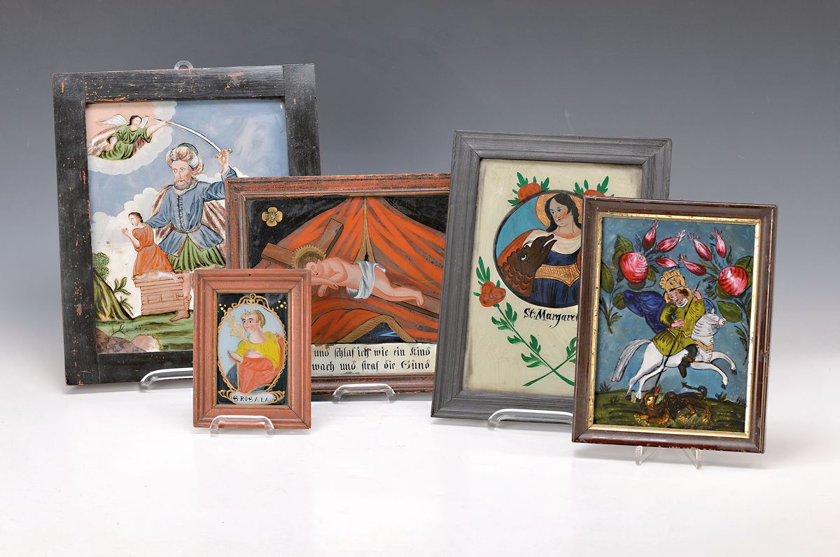 6 Hinterglasmalereien als Votivbilder, süddeutsch, um 1900, Hl. Rosala, ca. 15x11cm; Hl. Margaretha, ca. 28x21cm; Christus schlafend am Kreuz, ca. ...