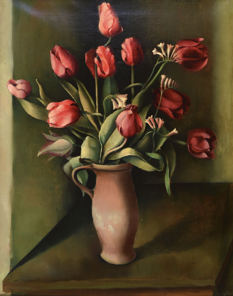Richard Stitzel, geb. 1893, Maler aus Mannheim, Stillleben mit Tulpen, Neue Sachlichkeit, Öl/Lwd, rechts oben signiert, ca. 69x55cm, R., rückseitig ...