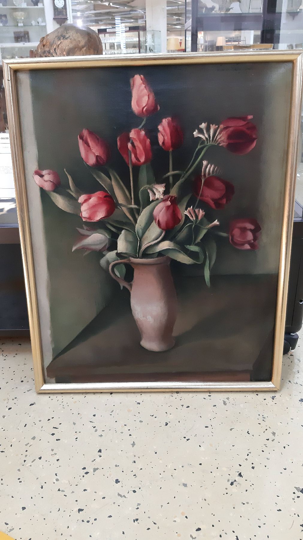 Detail d: Richard Stitzel, geb. 1893, Maler aus Mannheim, Stillleben mit Tulpen, Neue Sachlichkeit, Öl/Lwd, rechts oben signiert, ca. 69x55cm, R., rückseitig ...