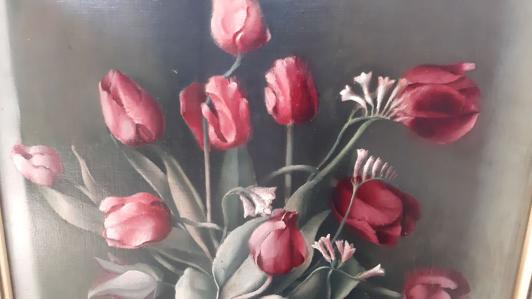 Detail g: Richard Stitzel, geb. 1893, Maler aus Mannheim, Stillleben mit Tulpen, Neue Sachlichkeit, Öl/Lwd, rechts oben signiert, ca. 69x55cm, R., rückseitig ...
