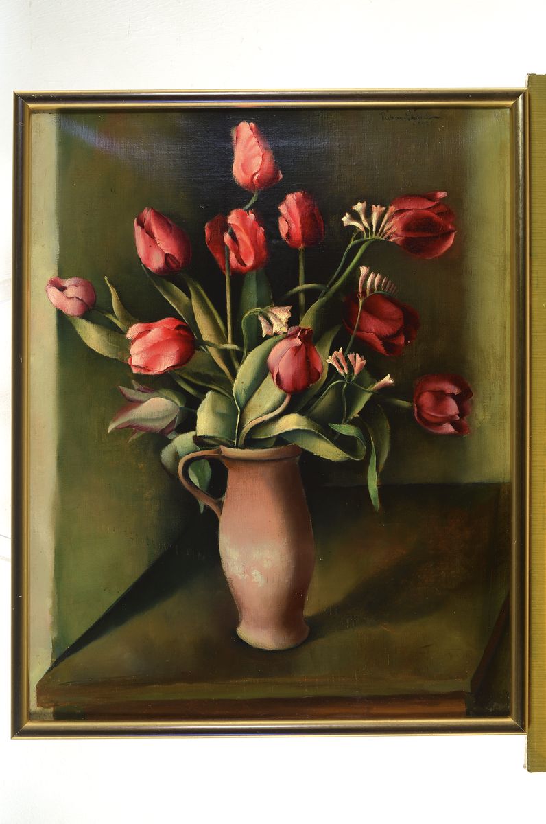 Detail k: Richard Stitzel, geb. 1893, Maler aus Mannheim, Stillleben mit Tulpen, Neue Sachlichkeit, Öl/Lwd, rechts oben signiert, ca. 69x55cm, R., rückseitig ...