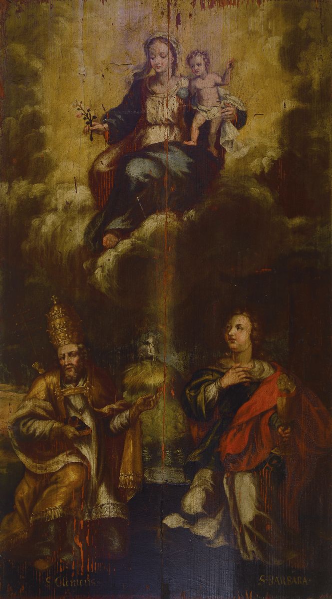 Tafelbild, süddeutsch oder österreichisch, um 1730, Die Himmelfahrt Marias, darunter Hl. Clemens und Hl. Barbara, Öl auf zwei Fichtenpanelen, ...