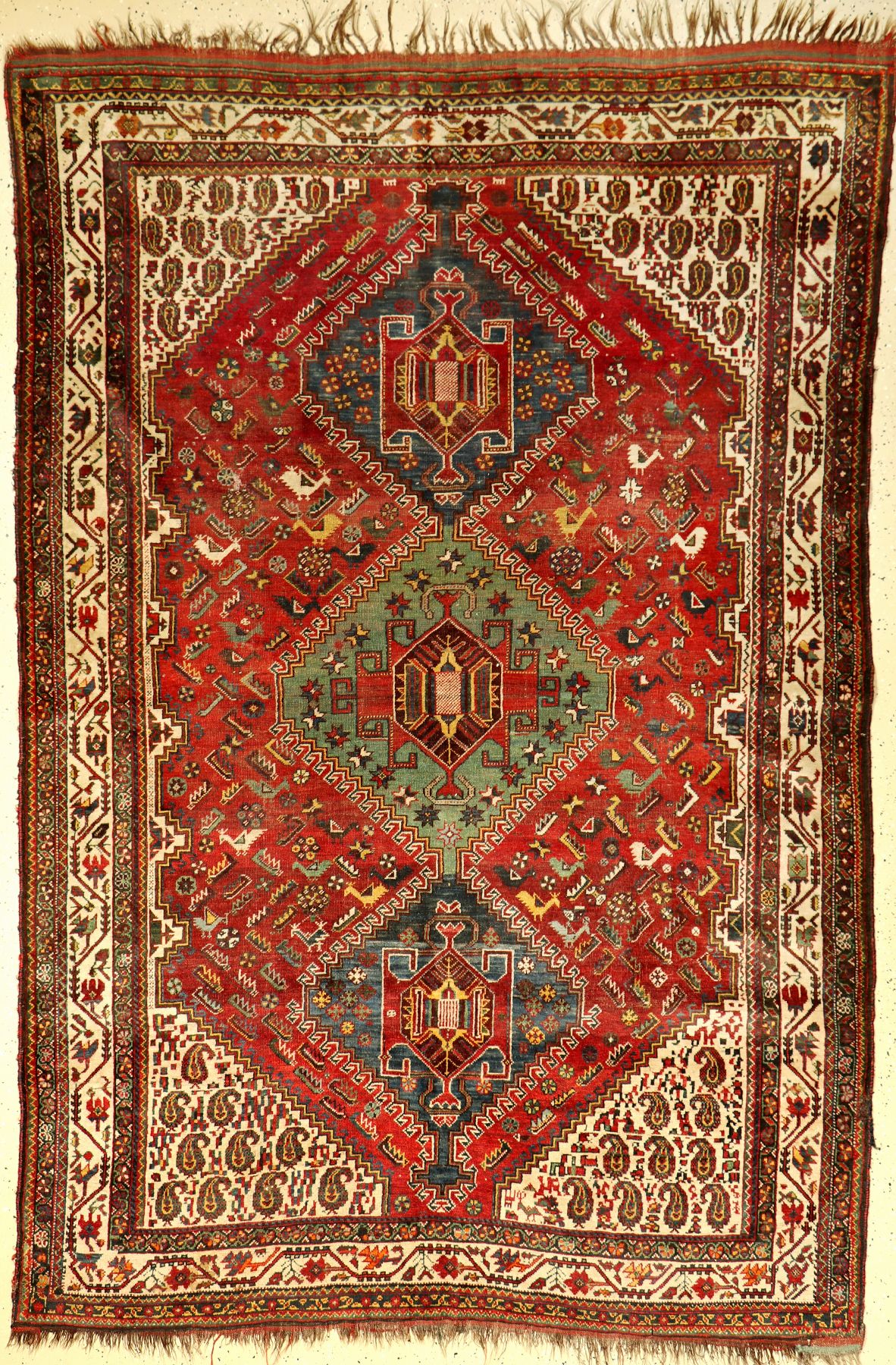 Khamseh antik (Chicken), Persien, um 1890, Wolle auf Wolle, ca. 255 x 171 cm, seltenes Muster, EHZ: 3