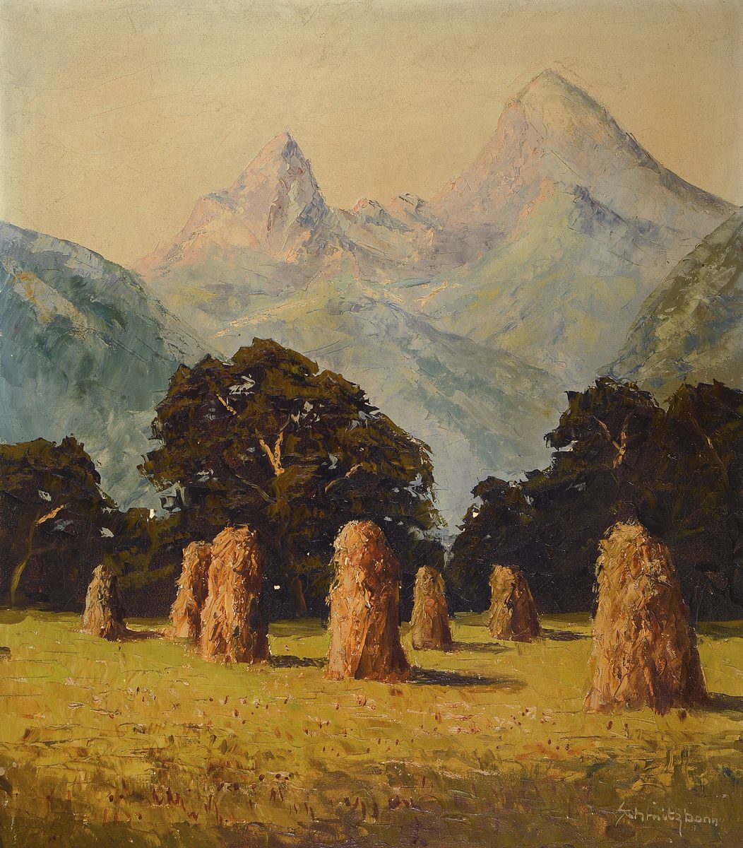 Hermann Schmitzbonn, 1903 Duisburg-1960 Agra, Getreidefeld nach der Ernte in den Alpen, Öl/Lwd, rechts unten signiert, mit kleineren ...