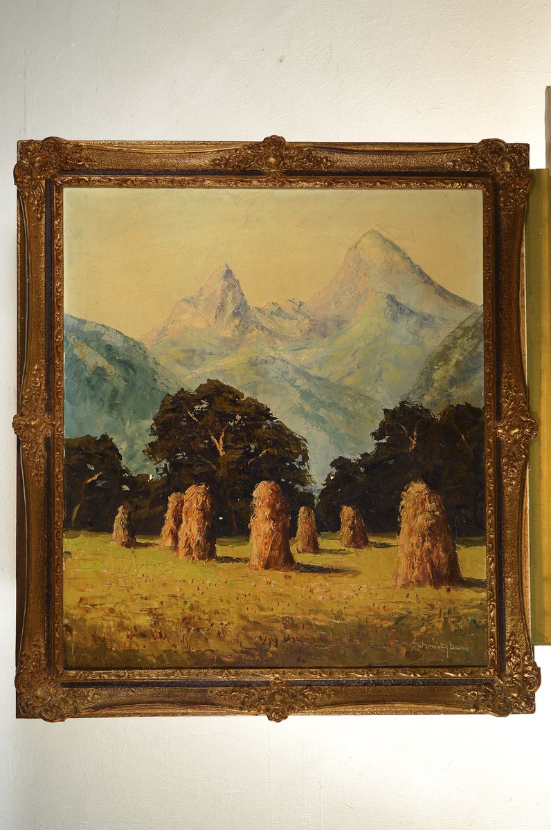 Detail k: Hermann Schmitzbonn, 1903 Duisburg-1960 Agra, Getreidefeld nach der Ernte in den Alpen, Öl/Lwd, rechts unten signiert, mit kleineren ...