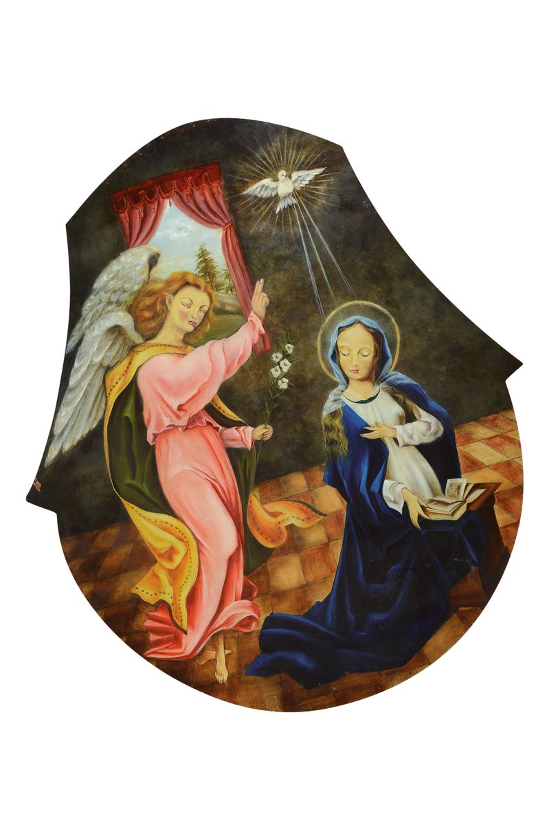 Unbekannter Künstler, Frankreich, um 1900, Verkündigung Marias, Öl/Lwd, auf dicke alte Holzplatte aufgezogen, ca. 102x86cm
