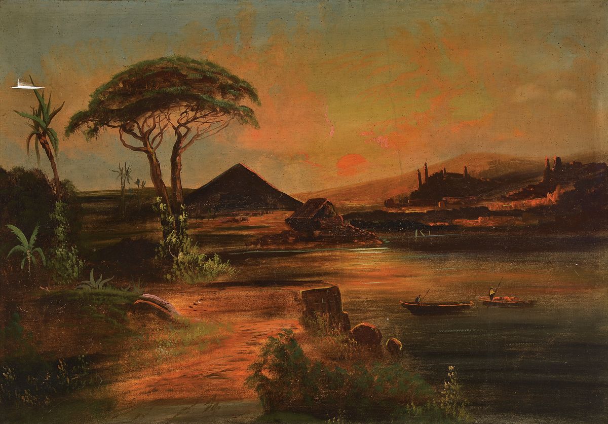 Unbekannter, wohl französischer Künstler, um 1880-1900, Landschaft am Nil mit Blick auf eine Pyramide, Abendstimmung, Öl/Lwd, links oben ...