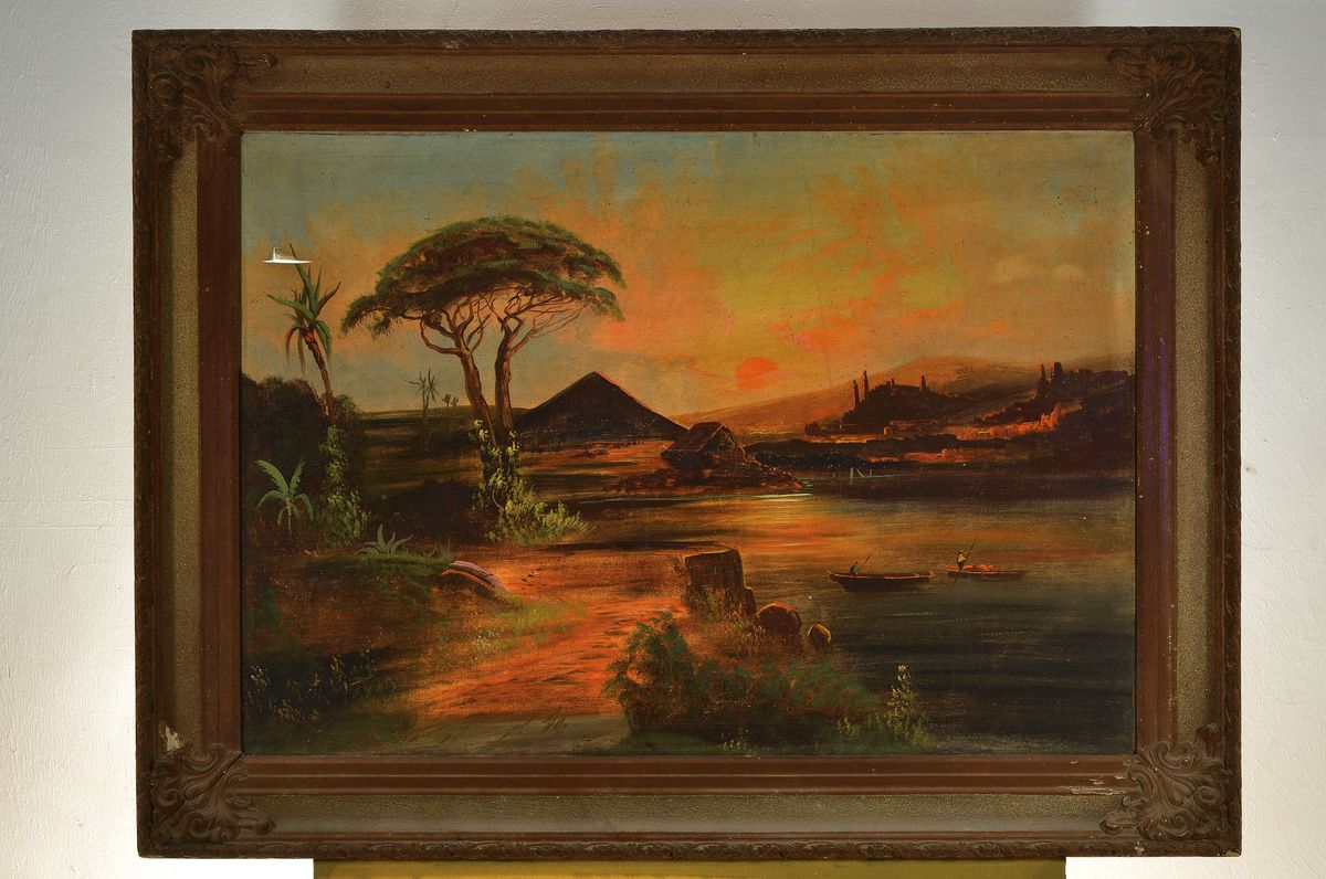 Detail k: Unbekannter, wohl französischer Künstler, um 1880-1900, Landschaft am Nil mit Blick auf eine Pyramide, Abendstimmung, Öl/Lwd, links oben ...