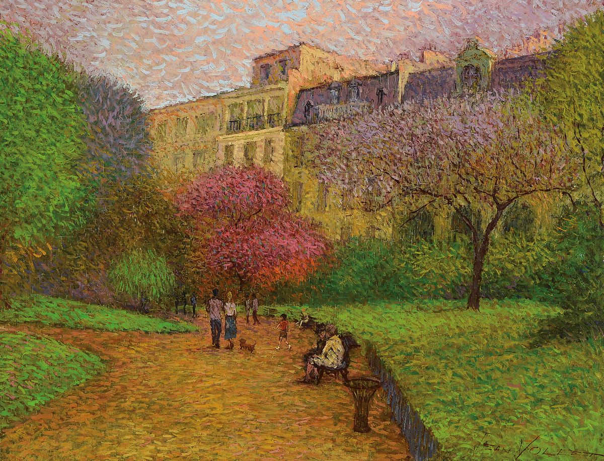 Jean Vollet, geb. 1935, französischer Künstler, Partie aus dem Parc Monceau, Öl/Lwd, impressionistische Malweise, rechts unten signiert, ca. ...