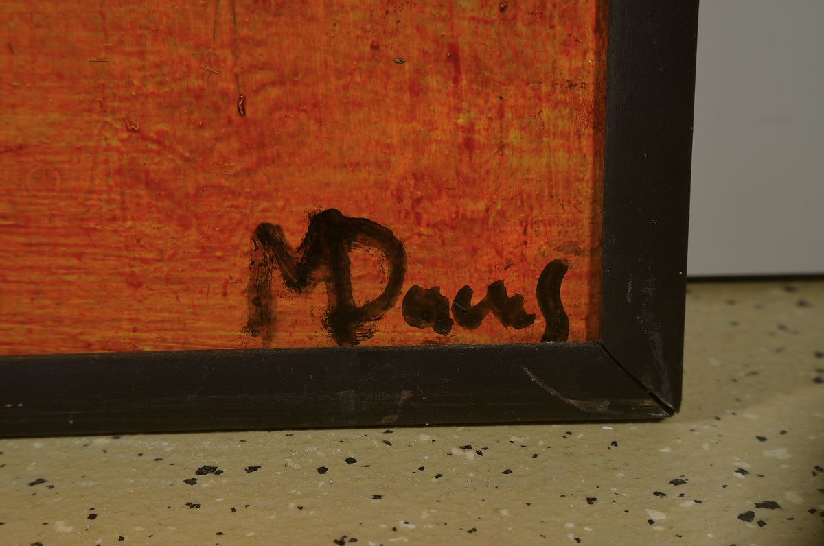 Detail a: M. Daus, französischer Künstler der Mitte des 20. Jh., abstrakte Komposition in Grün- und Orangetönen, Acryl auf Hartfaser, rechts unten ...