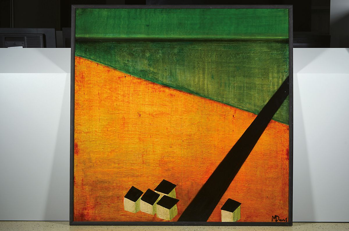 Detail k: M. Daus, französischer Künstler der Mitte des 20. Jh., abstrakte Komposition in Grün- und Orangetönen, Acryl auf Hartfaser, rechts unten ...