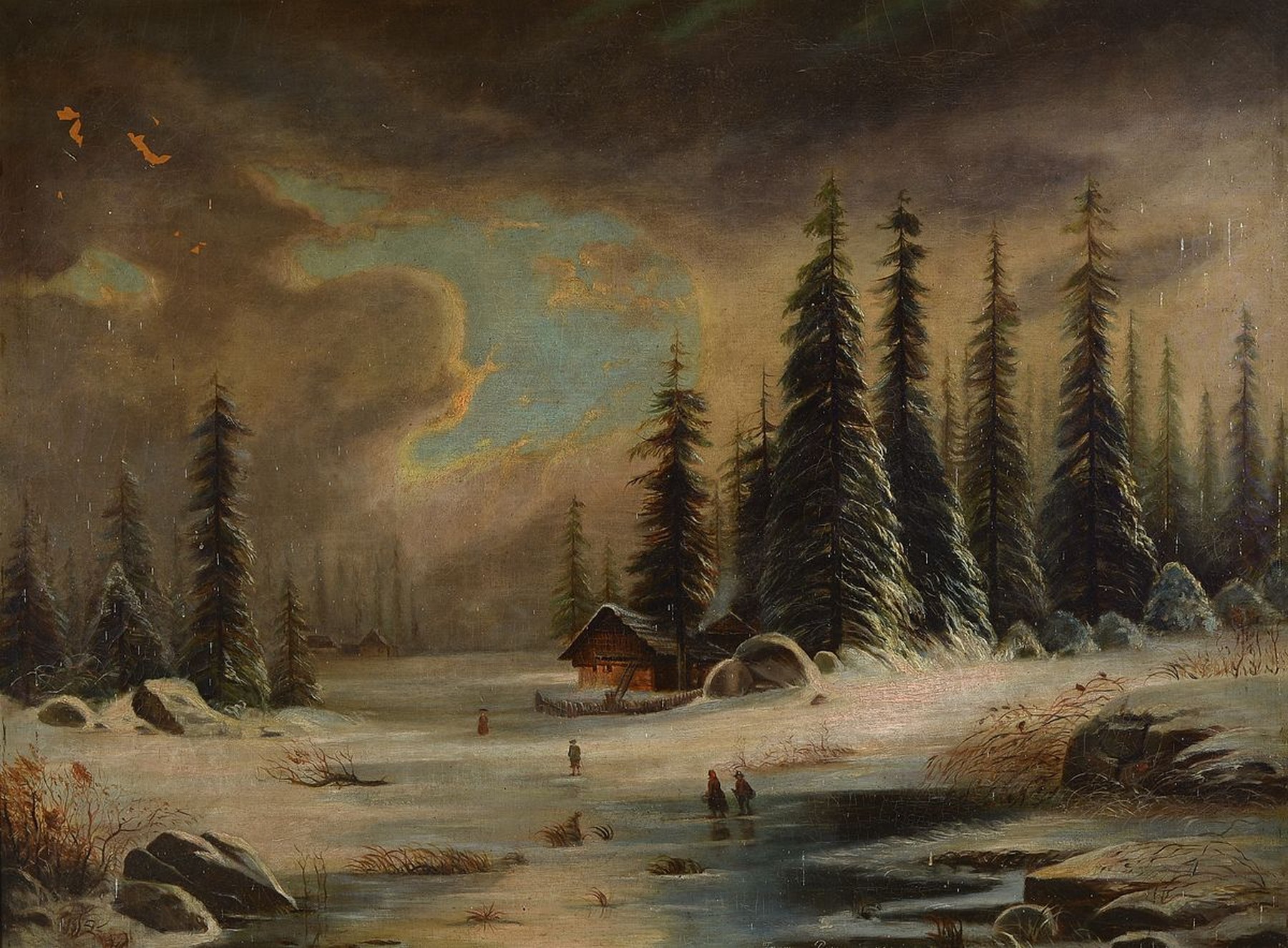 Franz Pozzesi, datiert 1879, Winterlandschaft mit Wolken verhangenem Himmel über Bauernhaus und Tannen, Öl/Lwd, rechts unten signiert, ca. ...