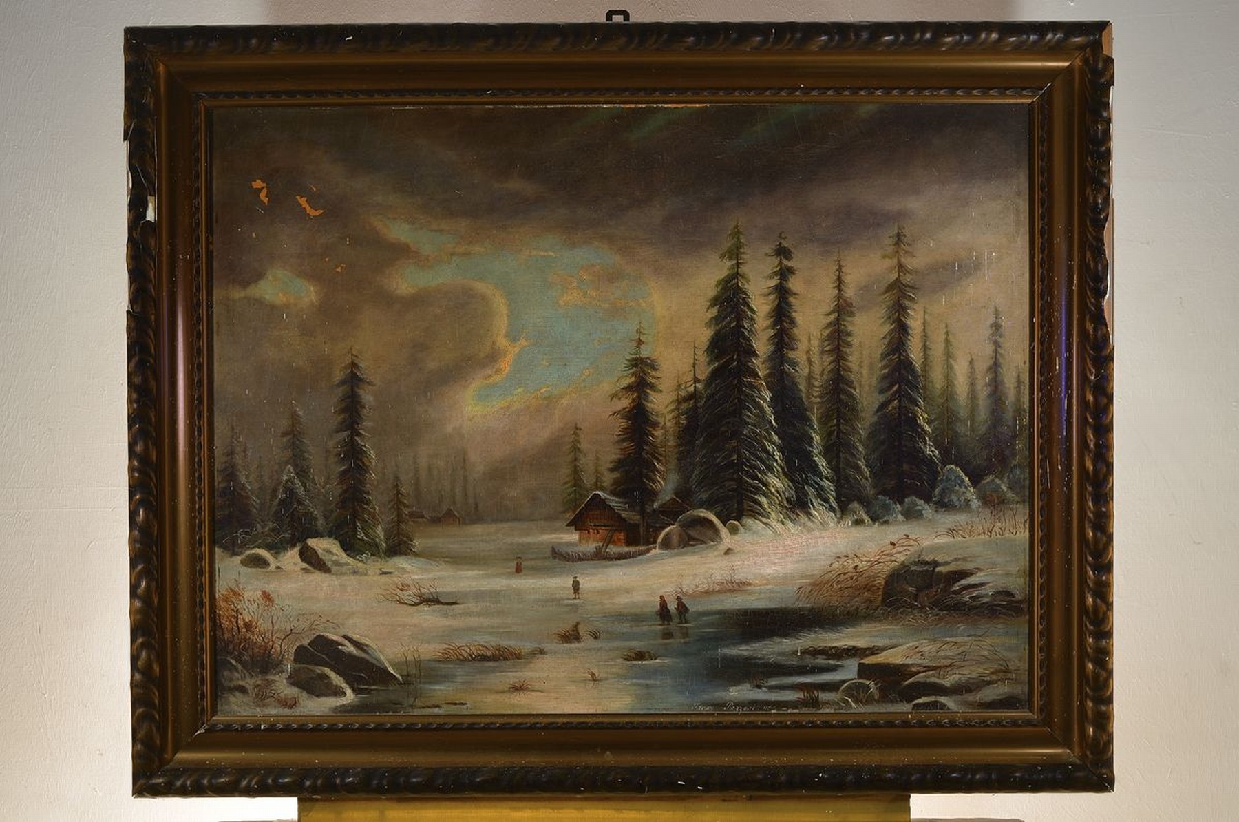 Detail k: Franz Pozzesi, datiert 1879, Winterlandschaft mit Wolken verhangenem Himmel über Bauernhaus und Tannen, Öl/Lwd, rechts unten signiert, ca. ...