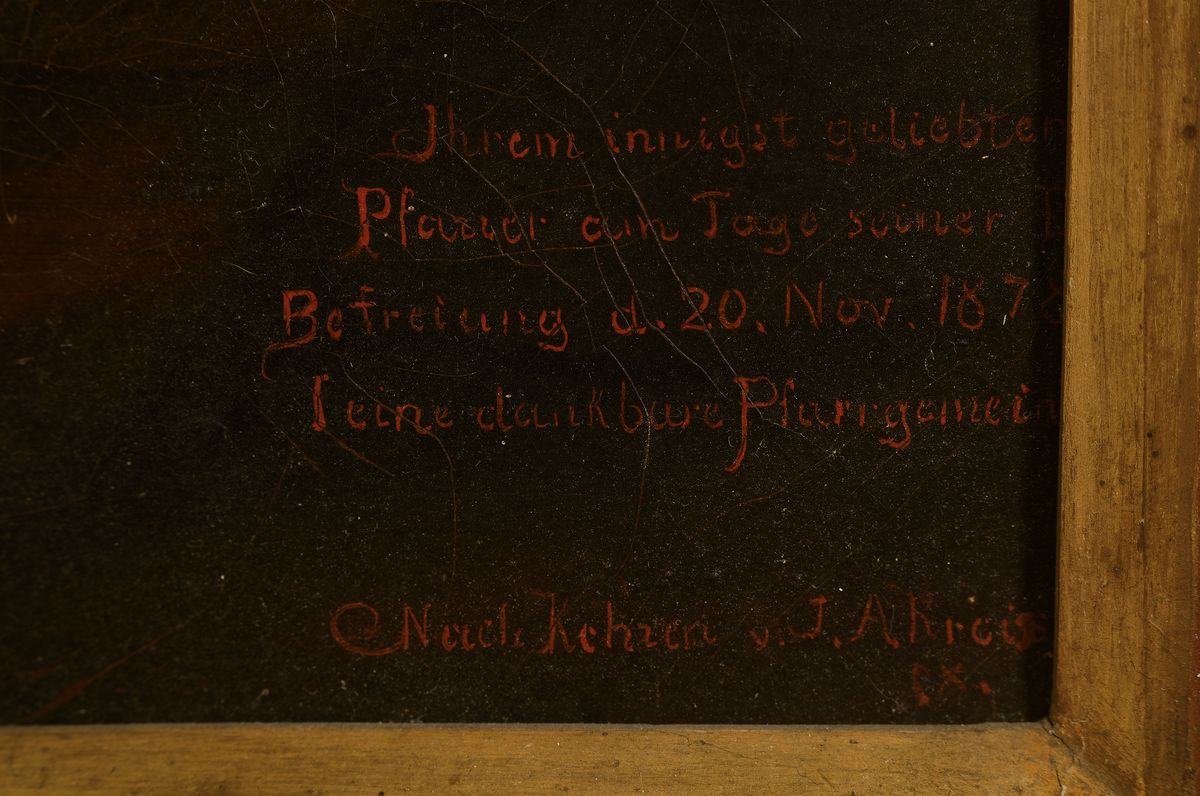 Detail a: Unbekannter Künstler, Frankreich, um 1870, Jesus Christus als Hirte mit dem geschulterten Lamm, Öl/Lwd, doubl., rest., Bildausschnitt ca. 90x60cm, ...