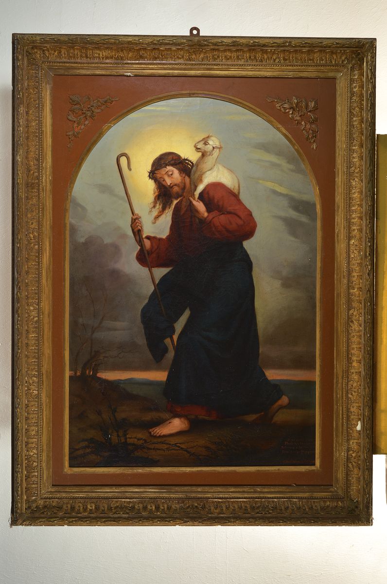 Detail k: Unbekannter Künstler, Frankreich, um 1870, Jesus Christus als Hirte mit dem geschulterten Lamm, Öl/Lwd, doubl., rest., Bildausschnitt ca. 90x60cm, ...