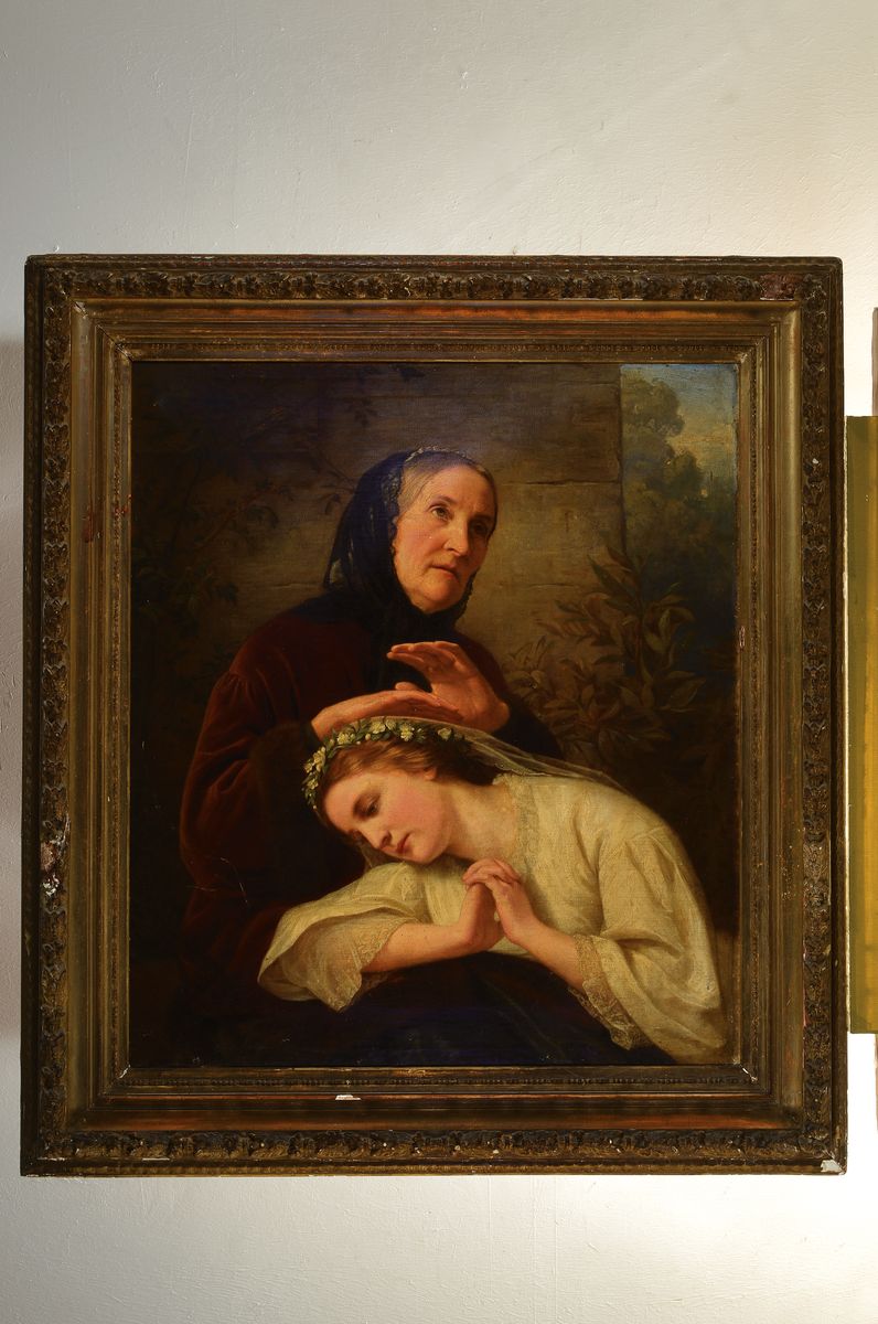 Detail k: Hermine von Reck, 1833 Karlsruhe-1906 Achern, Großmutter tröstet die Enkelin, Öl/Lwd, links oben signiert, H. ca. 91x77cm, ca. 14cm breiter ...
